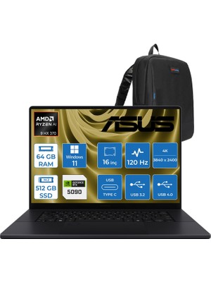 Asus Proart P16 WH7606WX Amd Ryzen Aı 9 Hx 370 64GB Ddr5 512GB SSD Windows 11 Home RTX5090 24GB Gddr7 16 Inç Dokunmatik 4K(3840 x 2400) OLED 0.2ms 120Hz 1600NITS WSE039WH01 + Zetta Çanta