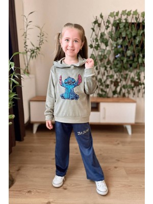 Turuncu Gardrop 3-10 Yaş Stitch Kadife Kız Çocuk Takım Haki