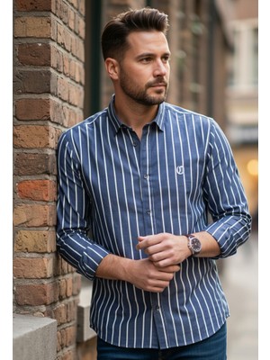 Yusgos Erkek Uzun Kollu %100 Pamuk Çizgili Premium Regular Fit Gömlek
