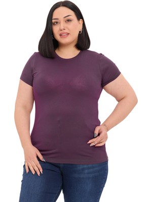 Disentis Modest Büyük Beden Bisiklet Yaka Kısa Kollu Viskon Mürdüm Body