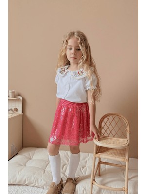 Turuncu Gardrop 3-10 Yaş Payet Etekli Gömlekli Kız Çocuk Takım Fuşya