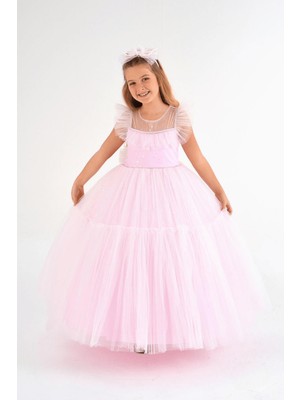 Turuncu Gardrop 6-10 Yaş Yaka Detaylı Tarlatanlı Gelinlik Pembe