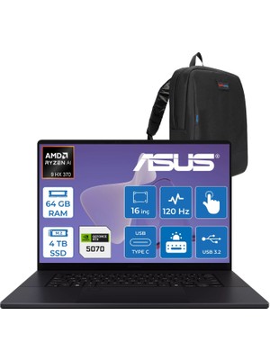 Asus Proart P16 WH7606WX Amd Ryzen Aı 9 Hx 370 64GB Ddr5 4tb SSD Freedos RTX5070 8gb Gddr7 16 Inç Dokunmatik 3k (2880 x 1800) OLED 0.2ms 120Hz 500NITS WRJ088WWF04 + Zetta Çanta