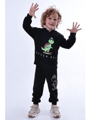 Turuncu Gardrop 2-6 Yaş Dino Baskılı Kapüşonlu Erkek Çocuk Takım Siyah