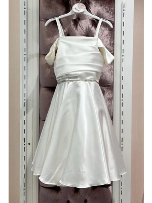 Turuncu Gardrop 11-15 Asimetrik Taş Işlemeli Kız Çocuk Abiye Elbise Beyaz