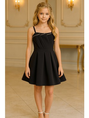 Turuncu Gardrop 10-15 Yaş Önü Taş Detay Queen Abiye Elbise Siyah