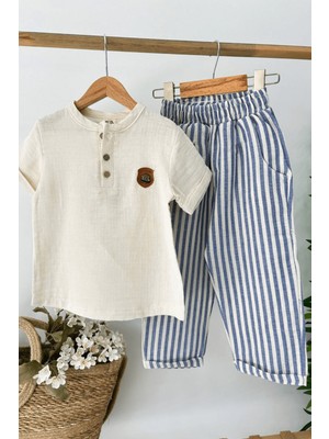 Turuncu Gardrop 3-10 Yaş Armalı Altı Çizgili Erkek Çocuk Müslin Takım Krem