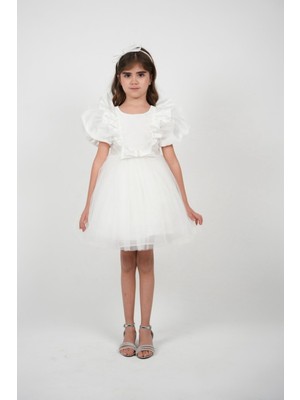 Turuncu Gardrop 1-10 Yaş Balon Kol Prenses Model Abiye Elbise Beyaz