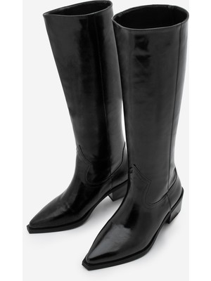 Marjin Kadın Sivri Burun Kovboy Fermuarsız Western Çizme Mivez Siyah