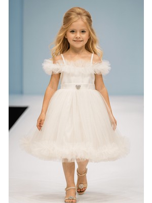 Turuncu Gardrop 8-12 Yaş Lüx Etekleri Tül Detay Kız Çocuk Abiye Elbise Beyaz