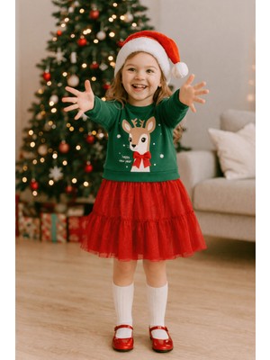 Turuncu Gardrop 4-7 Yaş Geyik Detay Yeni Yıl Elbise Kırmızı