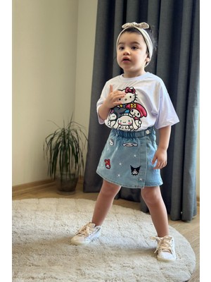 Turuncu Gardrop 3-10 Yaş Kot Şort Etekli Kuromi Hello Kitty Takım Beyaz