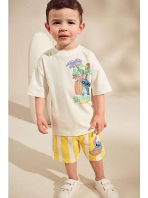 Turuncu Gardrop 2-8 Yaş Stitch Baskılı Şortlu Erkek Çocuk Takım Sarı