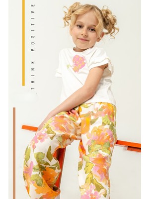 Turuncu Gardrop 4-8 Yaş Çiçekli Pantolon Tişört Kız Çocuk Takım Turuncu