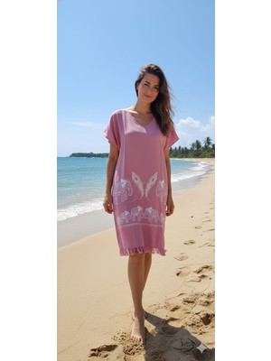 Nevin Acar Lila Filli Yarım Kollu Peştemal Plaj Elbisesi