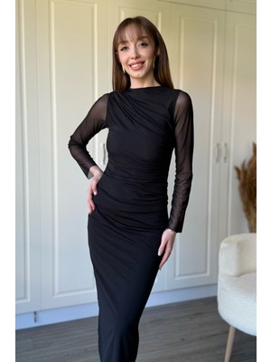 Dilay Gökoğlu Butik Drapeli Uzun Kollu Siyah Tül Elbise