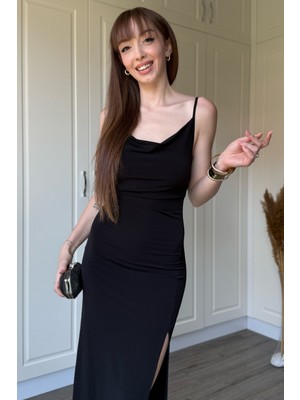 Dilay Gökoğlu Butik Sandy Kumaş Degaje Yaka Siyah Uzun Elbise