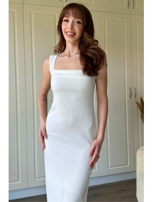 Dilay Gökoğlu Butik Beyaz Askılı Maxi Elbise