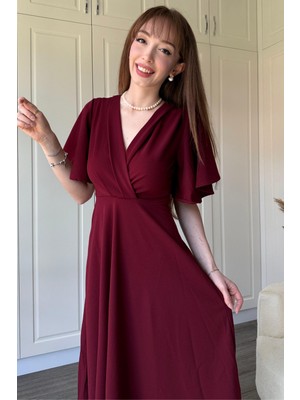 Dilay Gökoğlu Butik Kruvaze Yaka Kolları Volanlı Midi Bordo Elbise