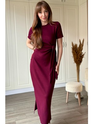Dilay Gökoğlu Butik Bağlamalı Bordo Midi Modal Elbise