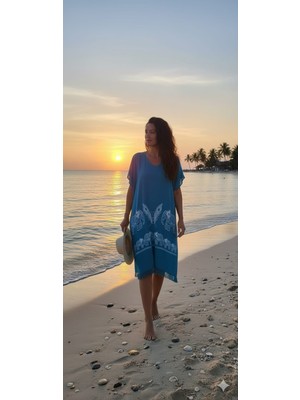 Nevin Acar Petrol Mavisi Filli Yarım Kollu Peştemal Plaj Elbisesi