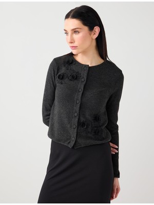 Jimmy Key Antrasit Melanj Nakış Detaylı Yumuşak Dokulu Örme Hırka