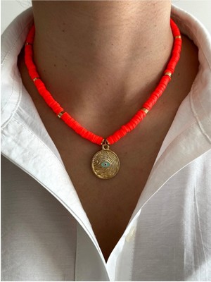 Hercy Göz Detaylı Neon Turuncu Fimo Kolye