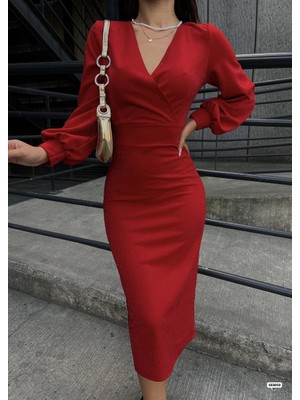 Moda Loris Kadın Kruvaze Yaka Balon Kol Simli Krep Kumaş Midi Boy Elbise