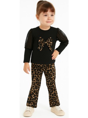 Selvira Leopar Desenli Fiyonklu 2’li Kız Çocuk Takımı (Sweatshirt + Tayt) – Siyah Kahverengi - Pamuklu