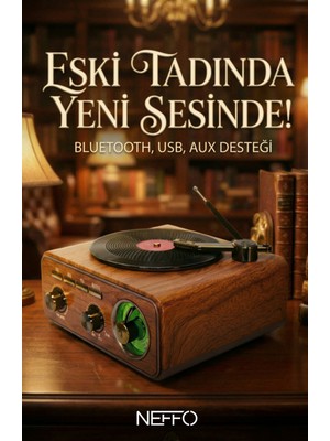 Neffo Nostaljik Gramofon Tasarımlı Bluetooth Hoparlör Retro Radyo FM/AM/SW USB TF Kart Şarjlı Ses Bombası