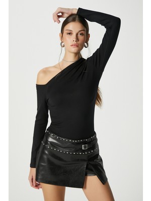 Ritnice Kadın Maje Lux Touch Omuz Detay Siyah Bluz