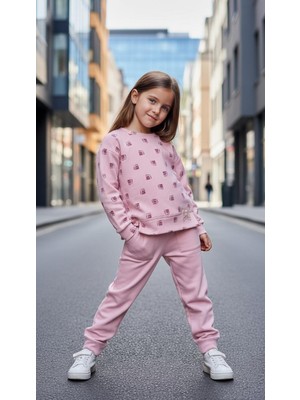 Mayoral 4-10 Yaş Kız Çocuk Pembe Çiçek Baskılı Sweat ve Eşofman Altı Takımı