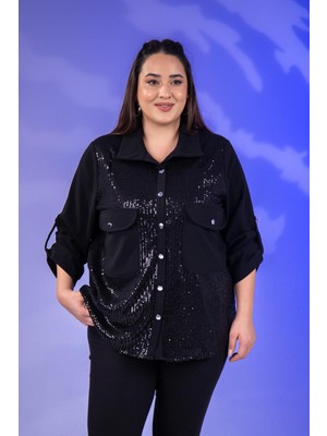 Roxxlen 3333136 Kadın Büyük Beden Siyah Cepli Pul Payetli Gömlek