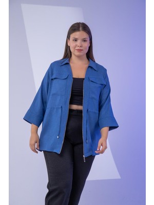 Roxxlen 3330617 Kadın Büyük Beden Mavi Fermuarlı Cepli Gömlek