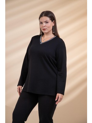 Roxxlen 3330690 Kadın Büyük Beden Siyah V Yaka Bluz