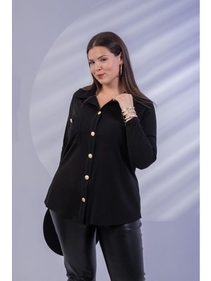 Roxxlen 33376 Kadın Büyük Beden Siyah Düğme Detaylı Bluz