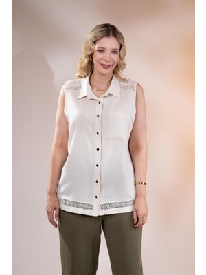 Roxxlen 1112071 Kadın Büyük Beden Bej Güpür Şeritli-Cepli Bluz