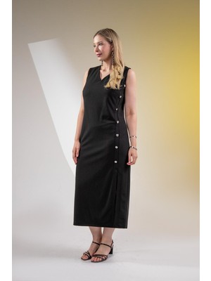 Roxxlen 1112082 Kadın Büyük Beden Siyah Düğme Detaylı Kolsuz Elbise