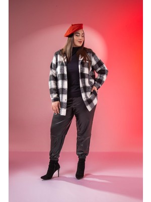 Roxxlen 33134 Kadın Büyük Beden Gri Ekose-Kareli Cep Detaylı Günlük Gömlek Normal Kalıp