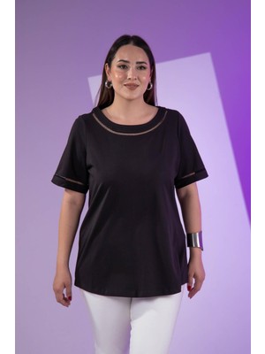 Roxxlen 3330460 Şerit Detaylı Bluz Siyah