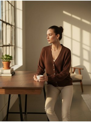 Mandala Tekstil Kadın V Yaka Selanik Örgü Detaylı Triko Hırka