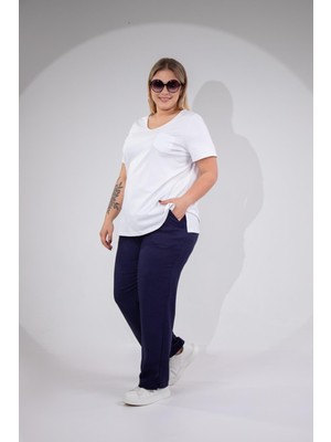 Roxxlen 3330578 Kadın Büyük Beden Lacivert Cepli Keten Pantolon