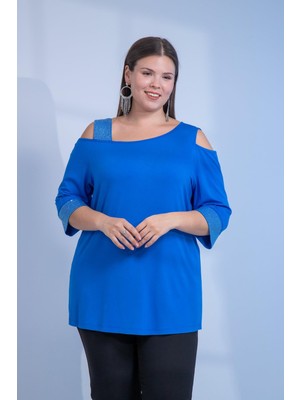 Roxxlen 111950 Kadın Büyük Beden Saks Omuz Detaylı Taşlı Bluz