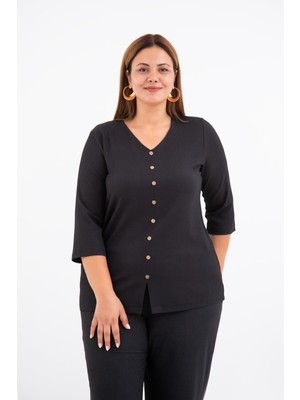 Roxxlen 112251002 Kadın Büyük Beden Siyah Truvakar Kol Bluz