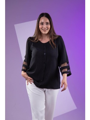 Roxxlen 3330464 Büyük Beden Kolu Tül Detaylı Bluz Siyah