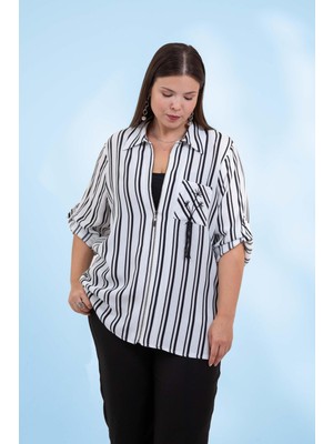 Roxxlen 3330618 Kadın Büyük Beden Beyaz Nakışlı-Çizgili Gömlek