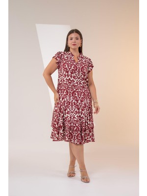 Roxxlen 3330483 Kadın Büyük Beden Bordo Eteği Katlı-Volanlı Elbise