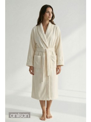 Anılsan Şalyaka Kadife Bornoz Krem %100 Pamuk Unisex Spa Için Ideal, Günlük Kullanıma Uygun Kadın/Erkek
