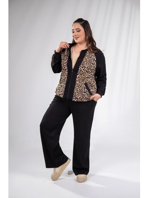 Roxxlen 333174 Kadın Büyük Beden Bnej Fermuarlı Leoparlı Sweat