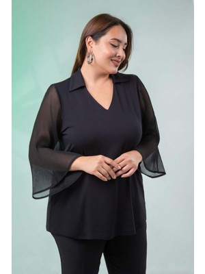 Roxxlen Büyük Beden 1211081 Kolu Pliseli Bluz Siyah